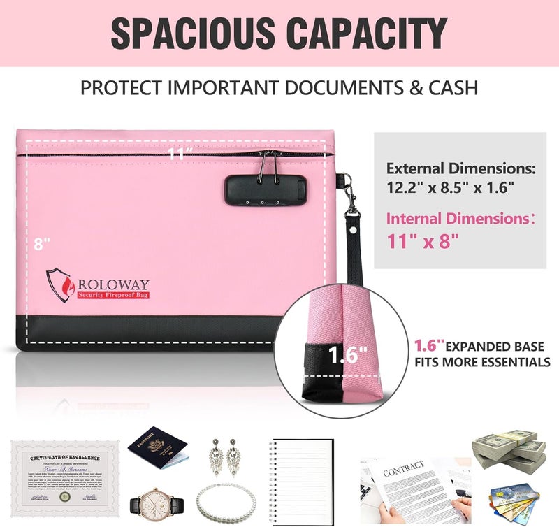 ROLOWAY Fireproof Money Bag with Lock for Cash, 6400°F Fire Proof Document Bag (12.2 x 8.5 x 1.6 inches), Money Pouch with Zipper (Pink) - Image 2